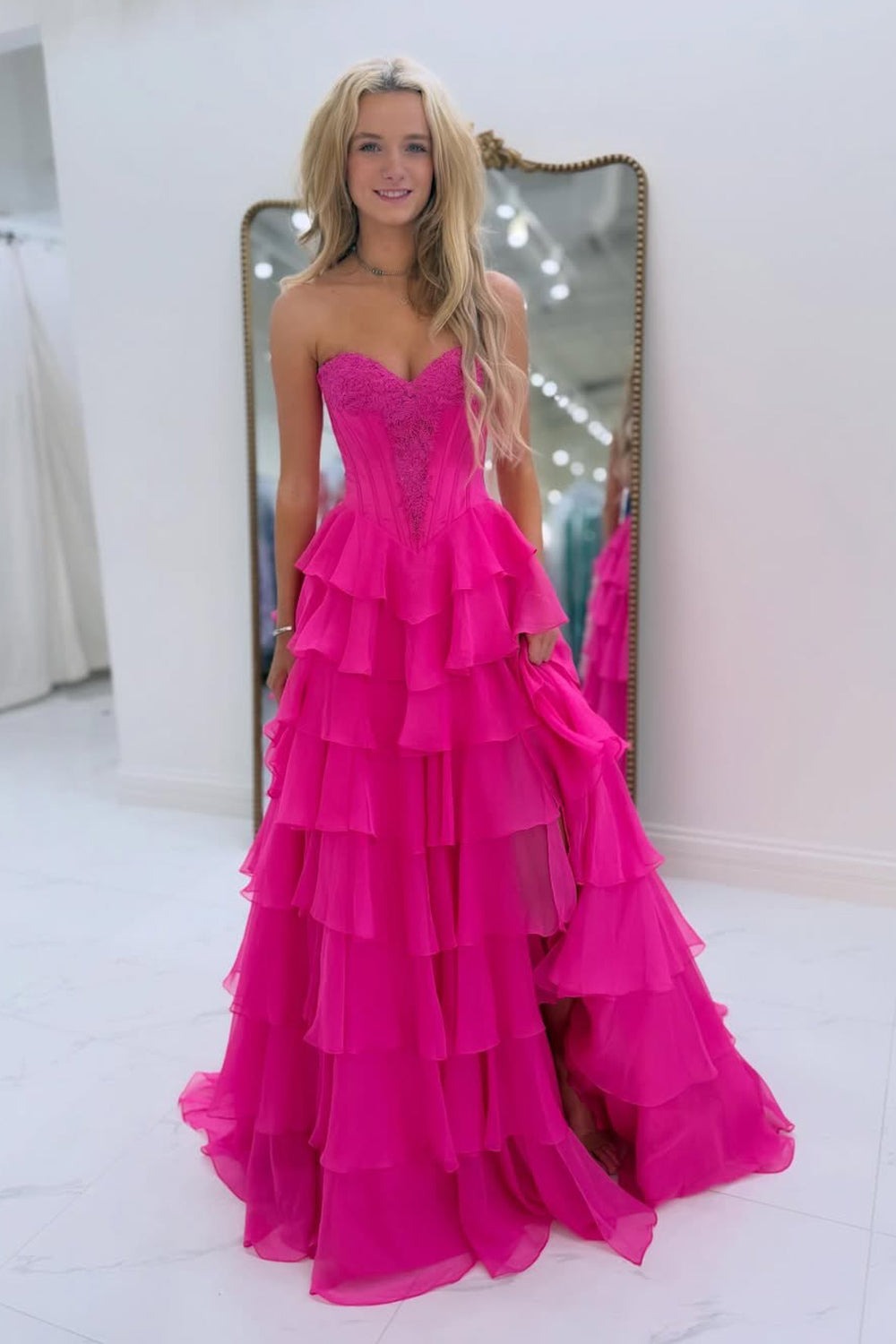 Yellow A-Line Strapless Ruffle Tiered Chiffon Prom Dress