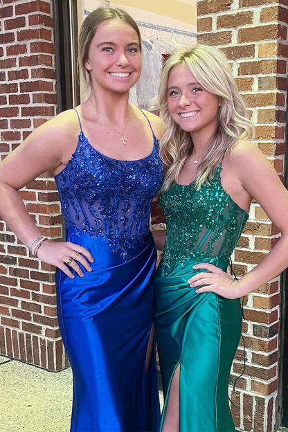Royal Blue Mermaid Appliques Scoop Neck Long Formal Dresses