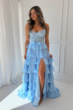 A Line Sweetheart Light Blue Chiffon Tiered Prom Dresses
