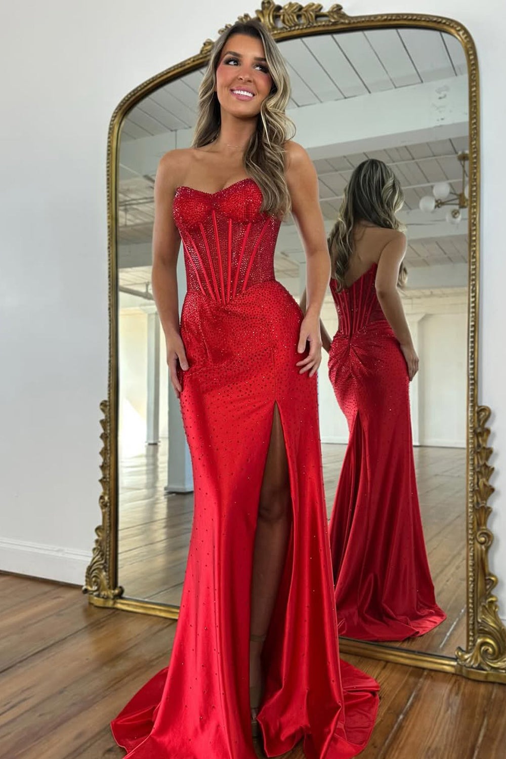 Mermaid Strapless Yellow Corset Beaded Prom Dress