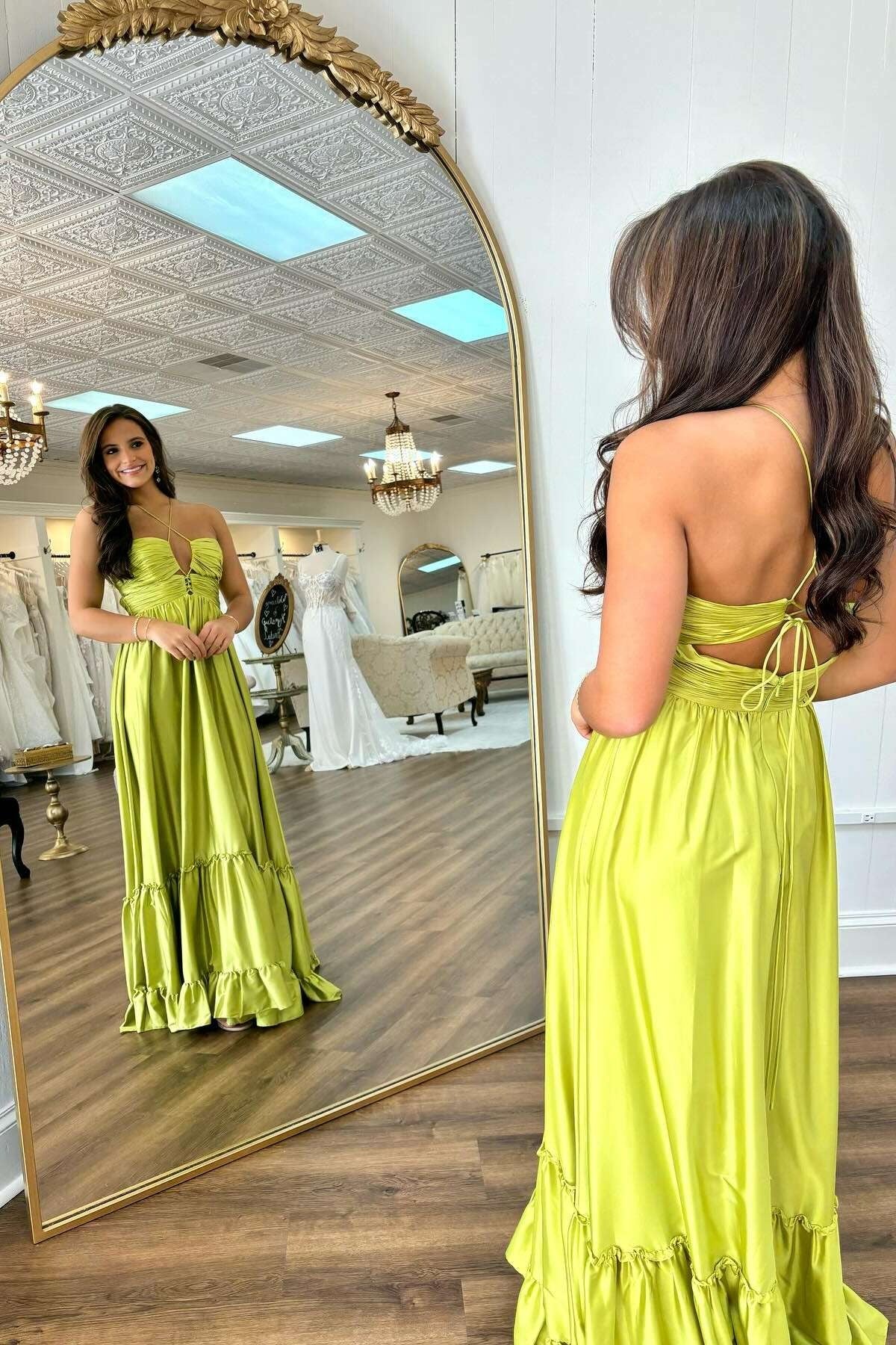 A Line Straps Ruffled Satin V Neck Long Prom Dresses