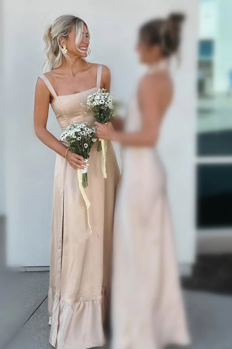 Fashion Satin Tea Length Sheath Straps Bridesmaid Dresses