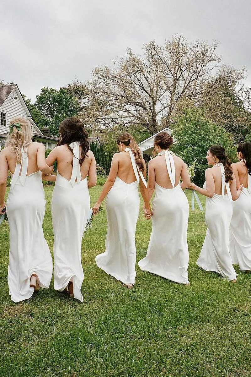 Sheath Halter White Silk Satin Long Bridesmaid Dresses – luladress