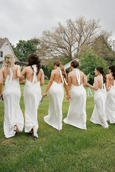 Sheath Halter White Silk Satin Long Bridesmaid Dresses,BD240803