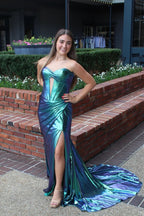 Charming Strapless Keyhelo Green Metallic Satin Mermaid Prom Dresses