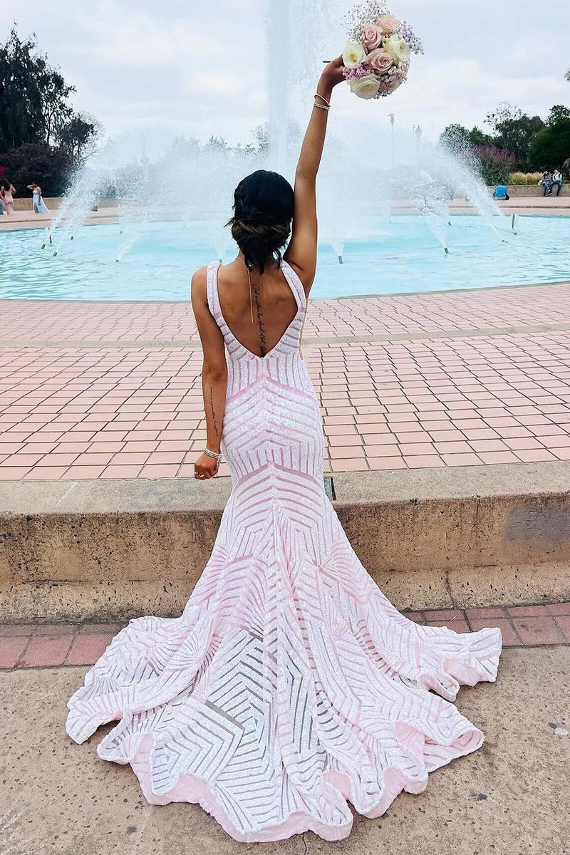 light pink fishtail prom dress Mermaid V Neck Open Back Cross Back Light Pink Detachable Prom Dress US18 / Custom Color