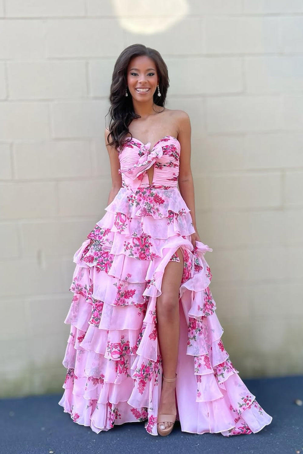 A Line Pink Chiffon Floral Print Satin Long Prom Dresses