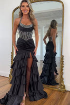 Mermaid Scoop Neck Satin Tiered Long Prom Dresses