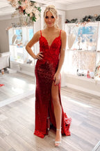 Mermaid V Neck Red Long Sequins Prom Dresses