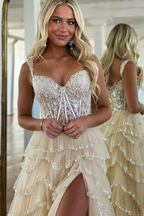 Champagne A-Line Sweetheart Tulle Prom Dresses with Appliques