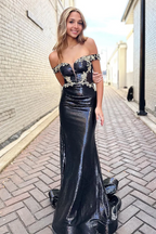 Black Off the Shoulder Sequins Long Prom Dresses