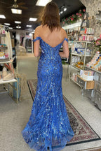 Off the Shoulder Blue Mermaid Sequins Lace Slit Prom Dresses