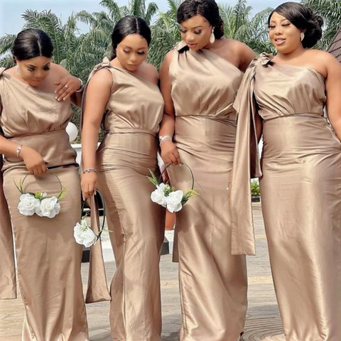 Champagne One-Shoulder Elegant Mermaid Long Bridesmaid Dress