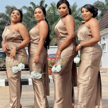 Champagne One-Shoulder Elegant Mermaid Long Bridesmaid Dress