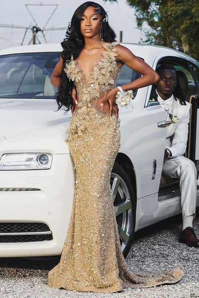 Sleeveless Flowers Sequin Column Floor length Sparkle Champagne Prom Dresses
