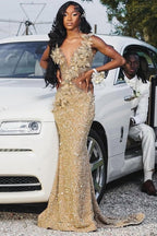 Sleeveless Flowers Sequin Column Floor length Sparkle Champange Prom Dresses