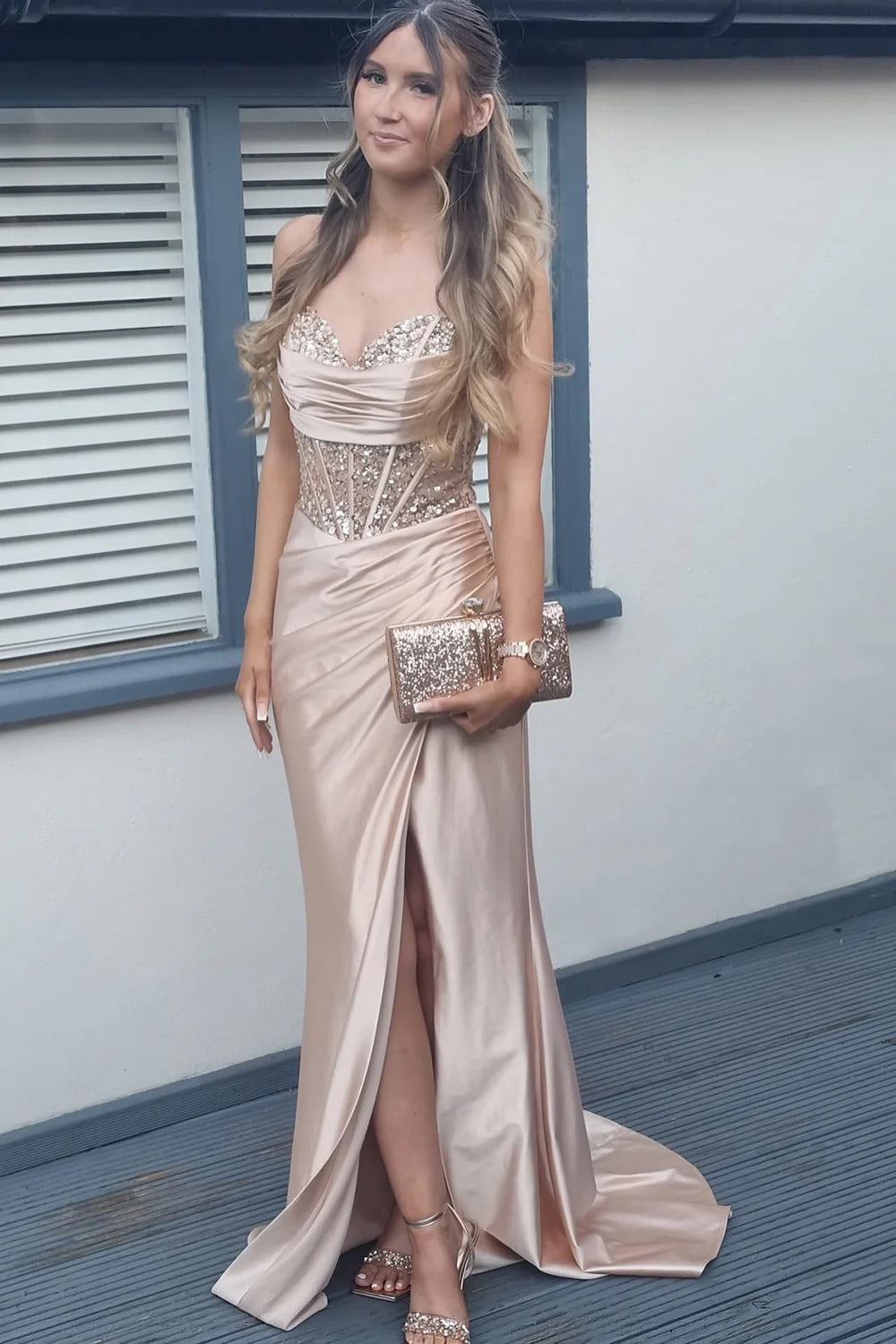 Mermaid Rose Gold Sweetheart Prom Dresses with Slit and Beading