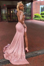 Dusty Pink Long Sleevess Lace Appliques New Arrival High Split Sequined Long Prom Dresses