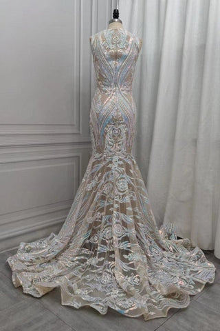 Sequins White Mermaid Lace Prom Dresses Sparkle Evening Dresses On Sale