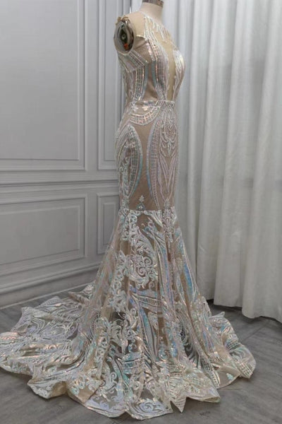 Robes de soirée sirène blanches en dentelle à paillettes Scintillantes en solde