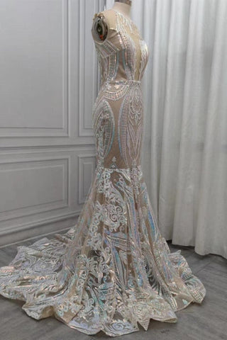 Sequins White Mermaid Lace Prom Dresses Sparkle Evening Dresses On Sale