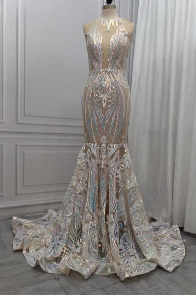 Robes de soirée sirène blanches en dentelle à paillettes Scintillantes en solde