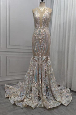 Sequins White Mermaid Lace Prom Dresses Sparkle Evening Dresses On Sale