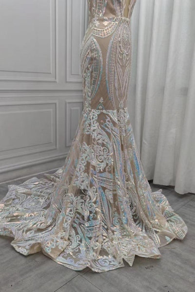 Robes de soirée sirène blanches en dentelle à paillettes Scintillantes en solde
