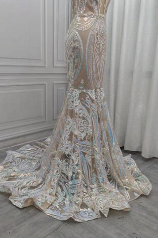 Sequins White Mermaid Lace Prom Dresses Sparkle Evening Dresses On Sale