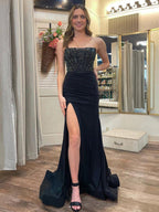Mermaid Black Satin Strapless Slit Prom Dresses