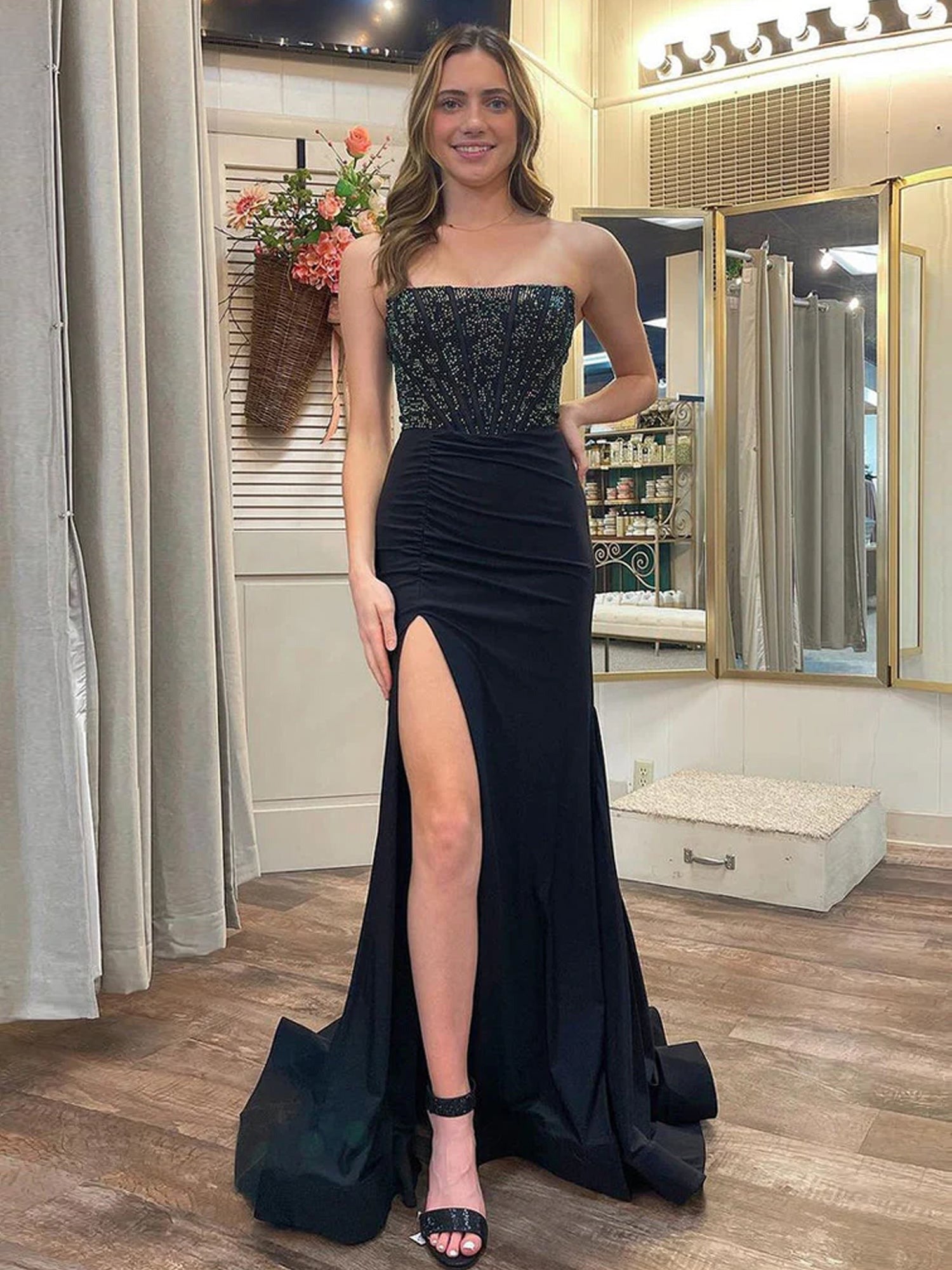 Mermaid Black Satin Strapless Slit Prom Dresses