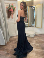 Mermaid Black Satin Strapless Slit Prom Dresses