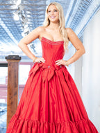 Sweet Ball Gown Scoop Neck Taffeta Pink Long Prom Dresses