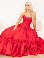 Sweet Ball Gown Scoop Neck Taffeta Pink Long Prom Dresses