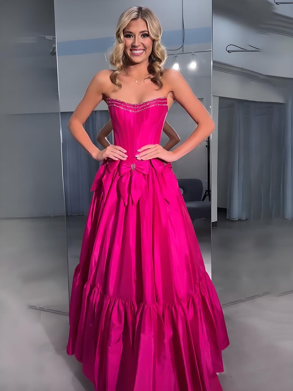 Sweet Ball Gown Scoop Neck Taffeta Pink Long Prom Dresses