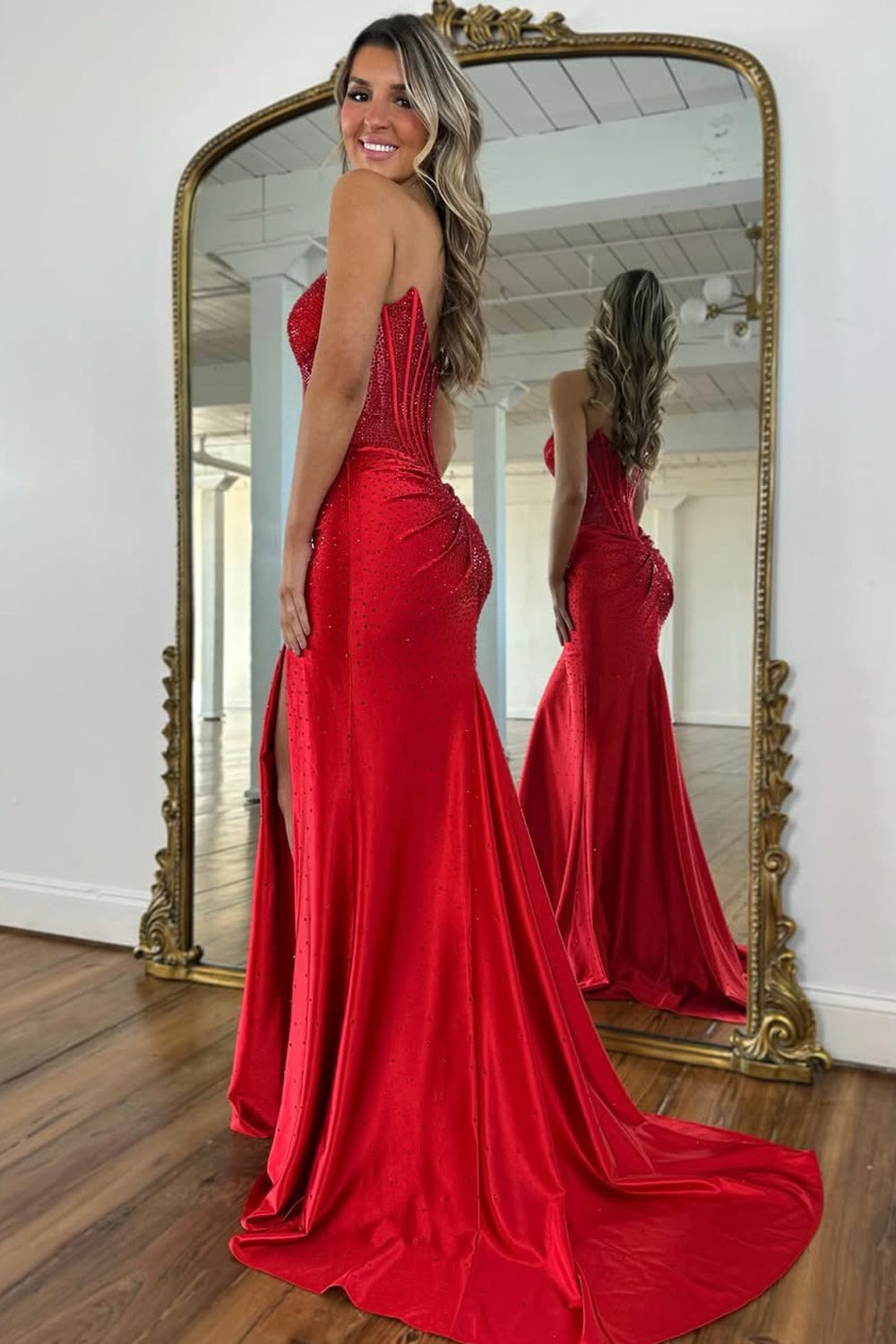 Mermaid Strapless Yellow Corset Beaded Prom Dress