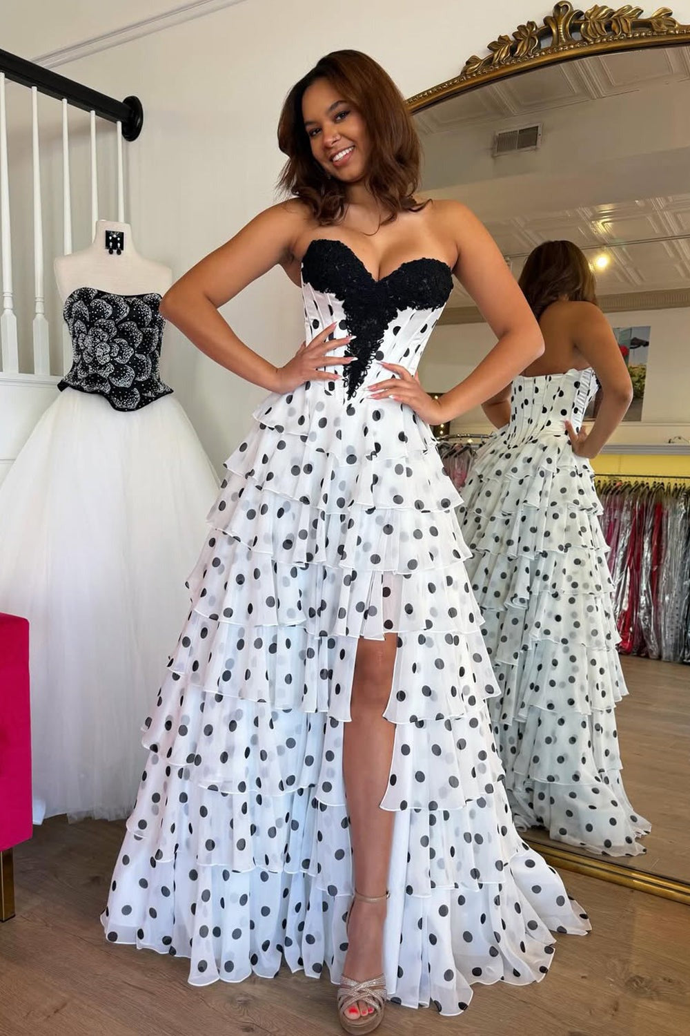 A Line Sweetheart White Black Dot Chiffon Prom Dress