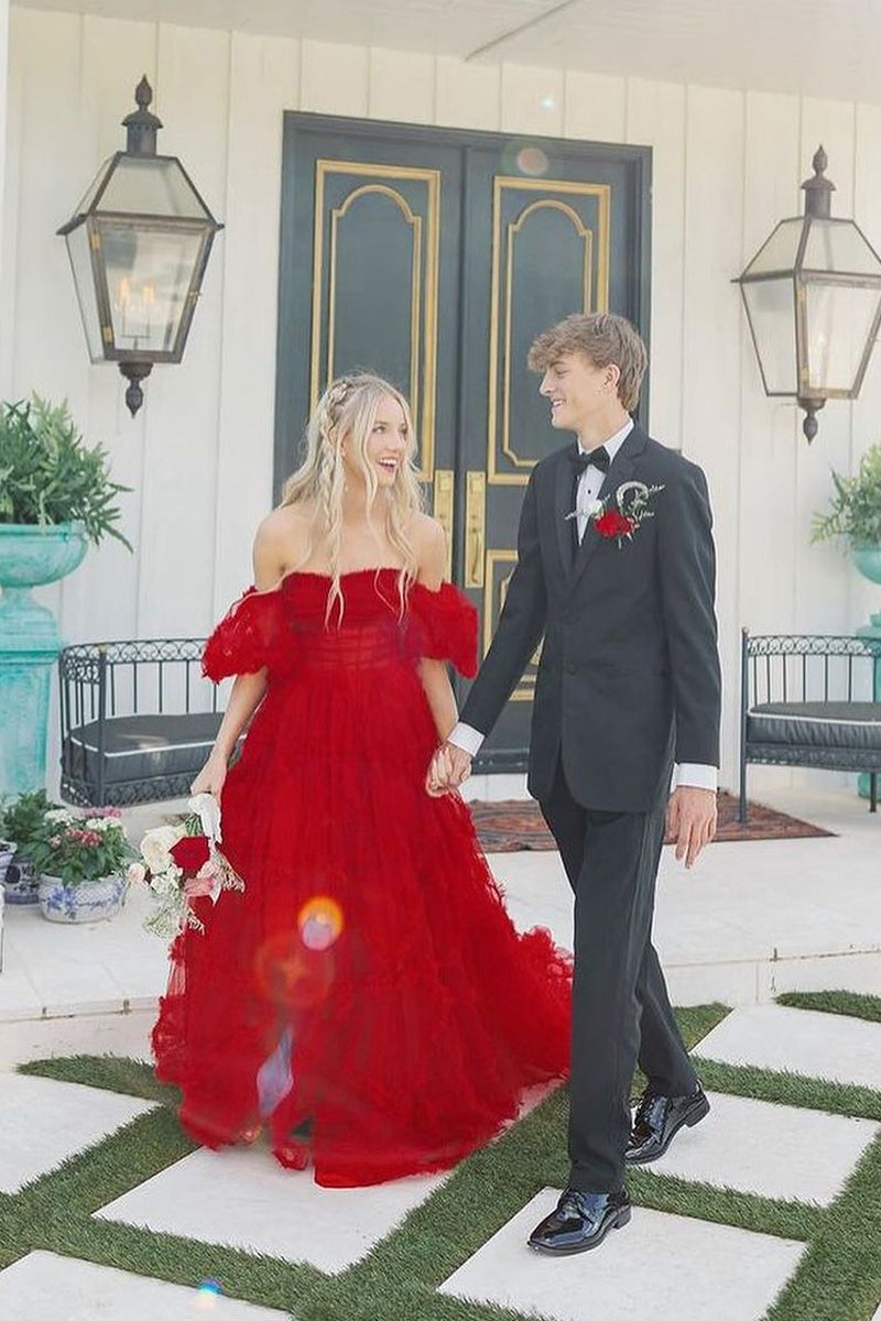 Red Strapless Ruffle Tiered Tulle Long Prom Dresses