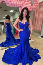 Mermaid Strapless Royal Blue Satin Long Prom Dresses