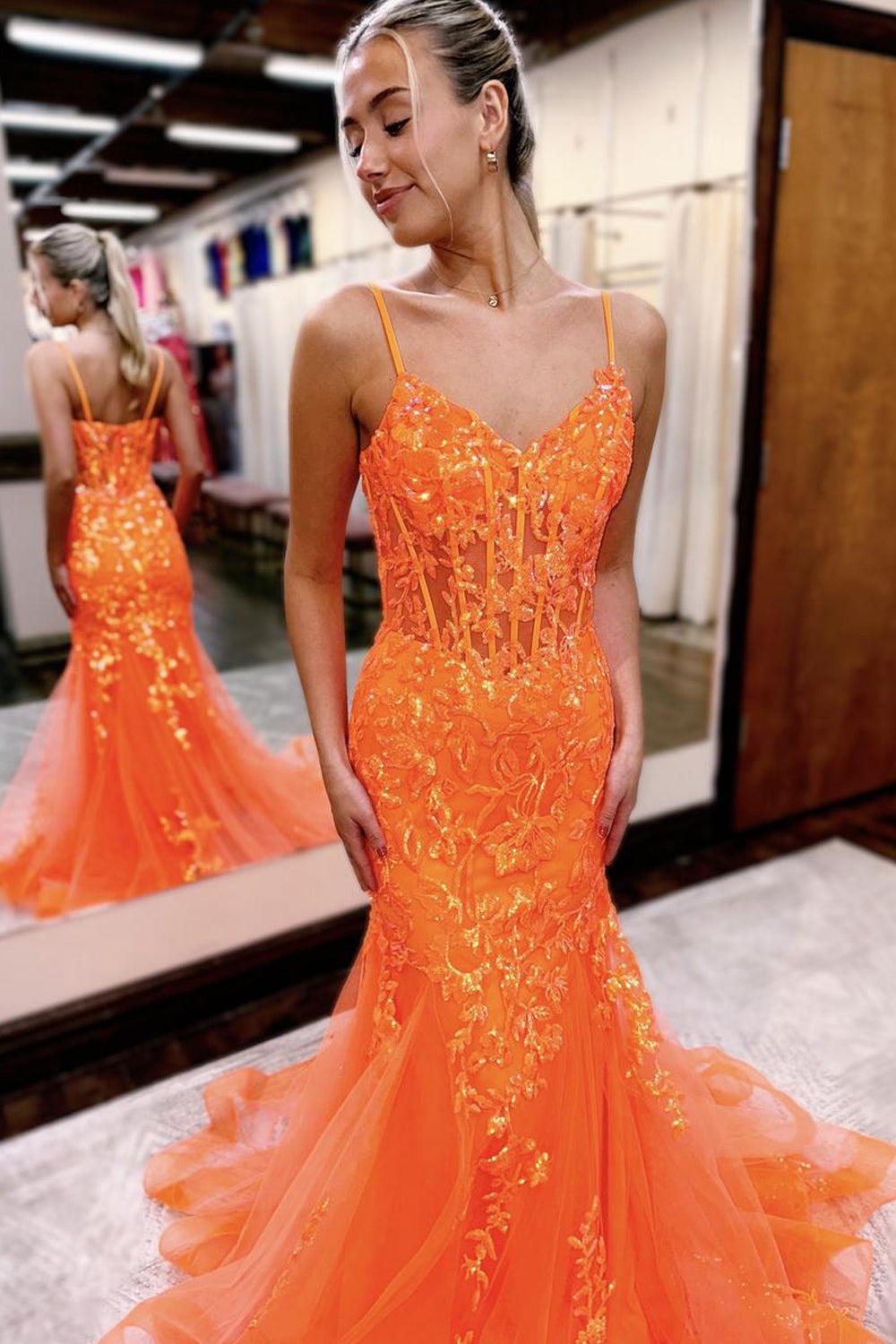 Mermaid V Neck Straps Orange Sequins with Tulle Long Prom Dresses