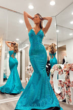 Mermaid Halter Blue Sequins Long Prom Dresses