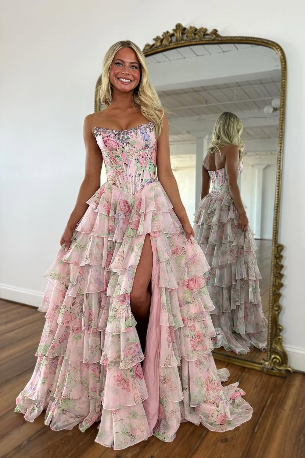 A Line Pink Floral Printed Strapless Corset Ruffle Tiered Long Chiffon Prom Dresses