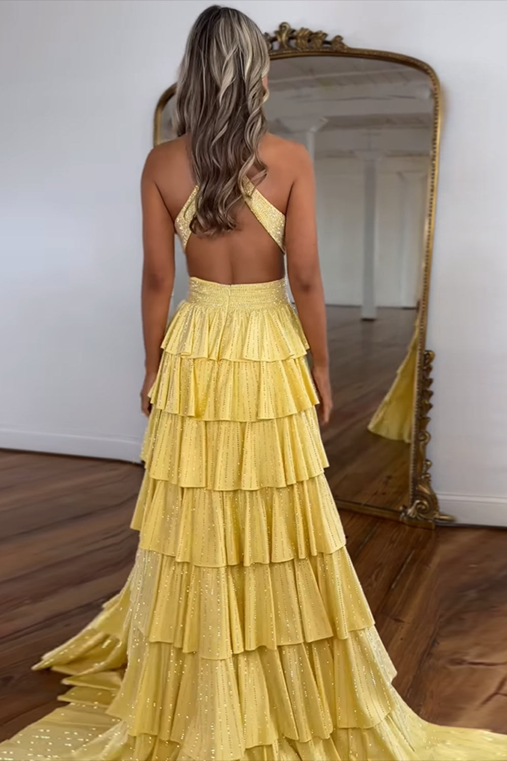 Halter Sparkly Green Ruffle Tiered A-Line Long Prom Dresses Halter Sparkly Green Ruffle Tiered A-Line Long Prom Dresses
