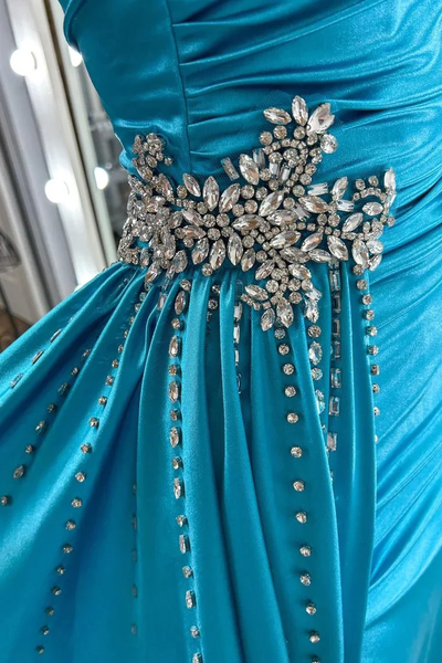Teal Blue Beaded Spaghetti Strap Long Gown with Attached Train,BD93246