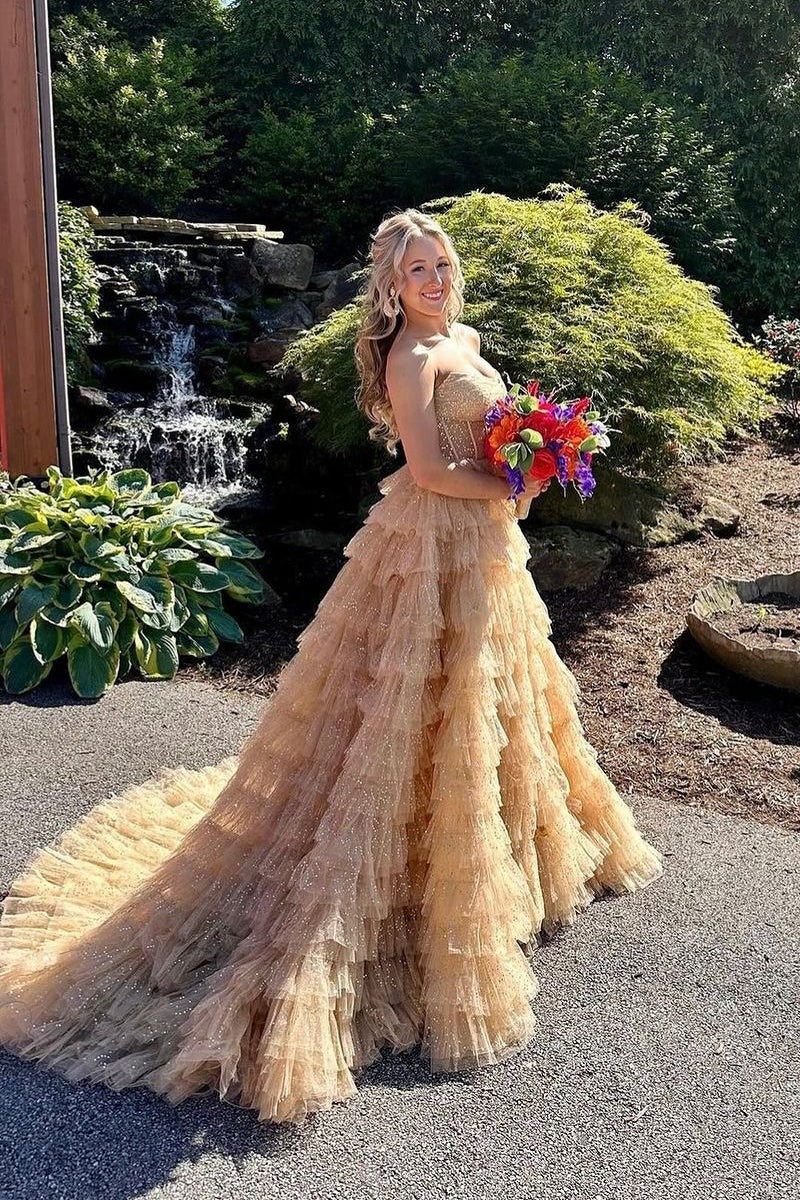 Elegant Ball Gown Long Strapless Gold Ruffle Tiered Tulle Prom Dresses Pic Color / US0 Elegant Ball Gown Long Strapless Gold Ruffle Tiered Tulle Prom Dresses Pic Color / US0