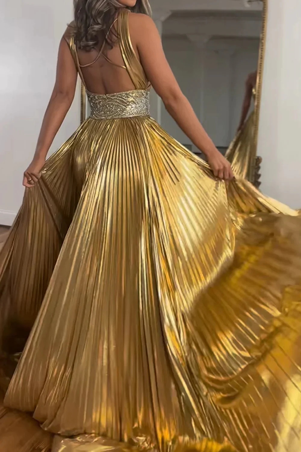 Glitter Golden Beaded Metallic Long A-Line Prom Dresses luladress Glitter Golden Beaded Metallic Long A-Line Prom Dresses luladress