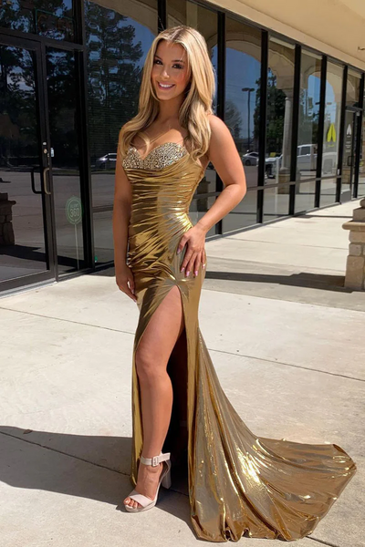 Sexy Mermaid Strapless Gold Satin Long Prom Dresses,BD93345