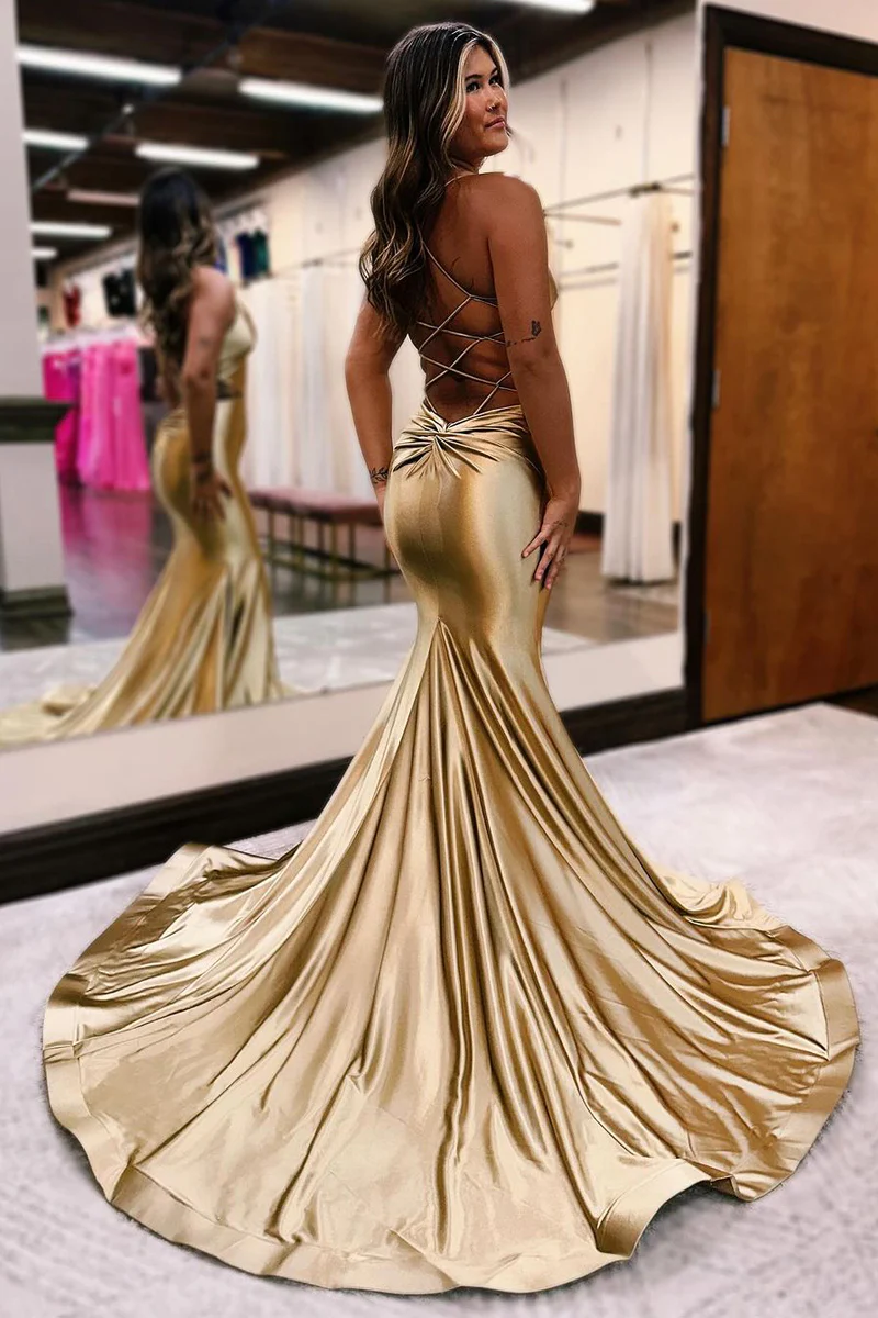 Mermaid Golden Satin V Neck Prom Dresses