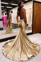 Mermaid Golden Satin V Neck Prom Dresses