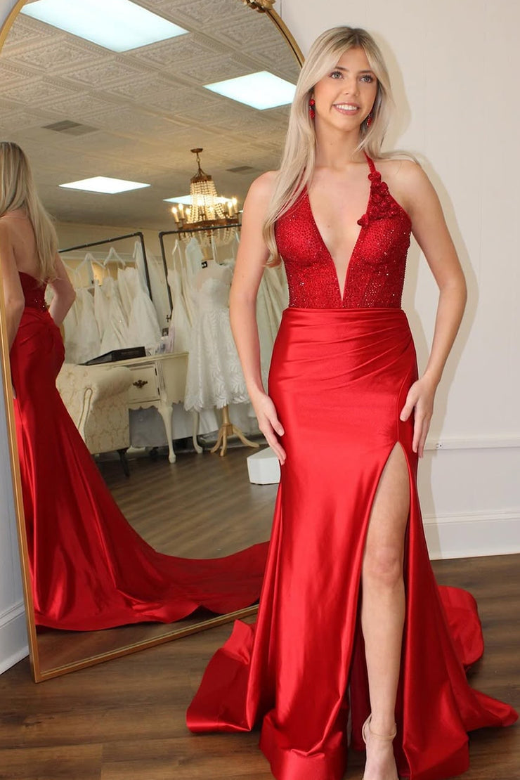 Mermaid Halter Red Sequins Long Satin Prom Dresses